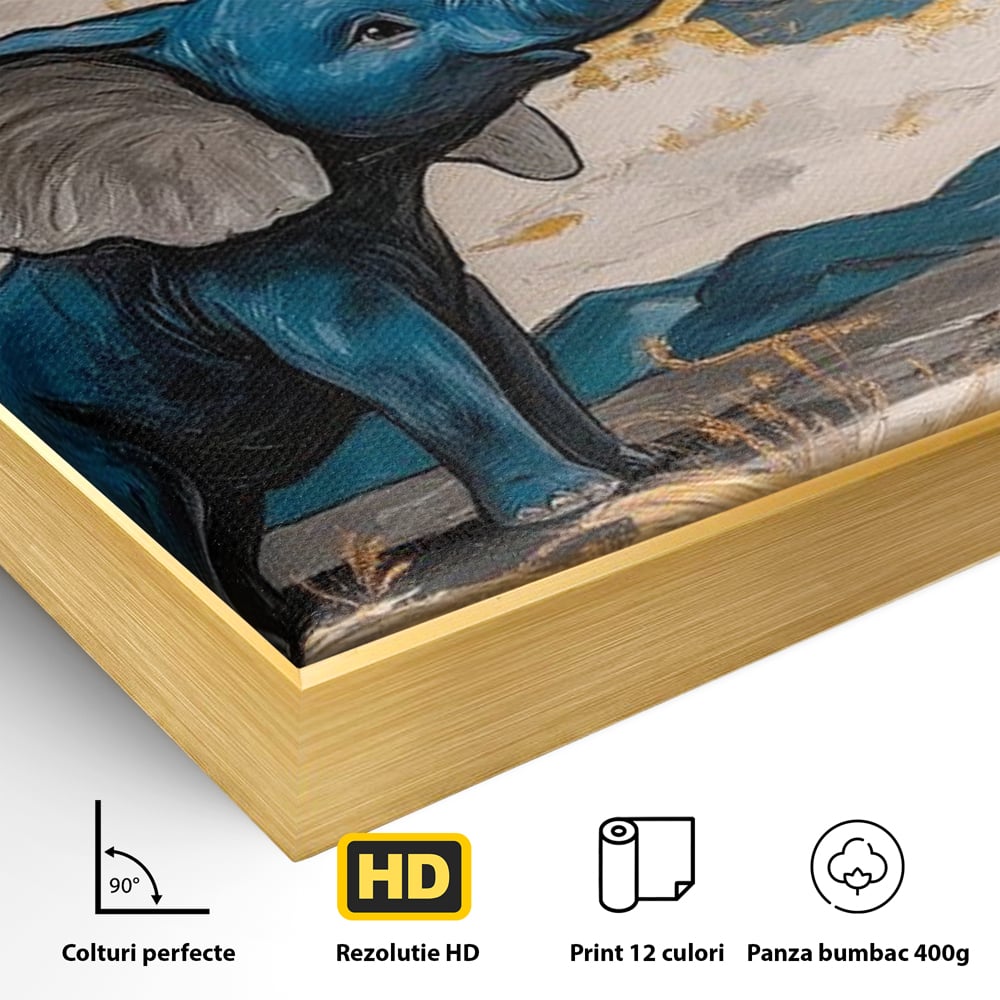 Detaliu al suprafetei: tablou canvas cu elefant albastru, in rama de aluminiu auriu